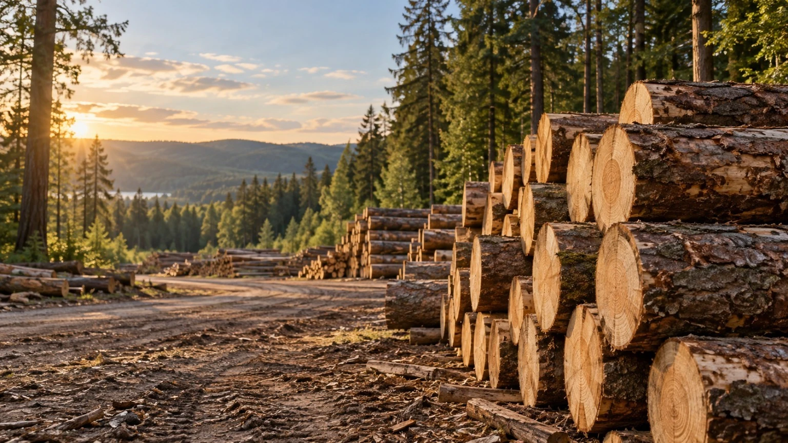 Stosy kłód drewna przy lesie w świetle zachodzącego słońca